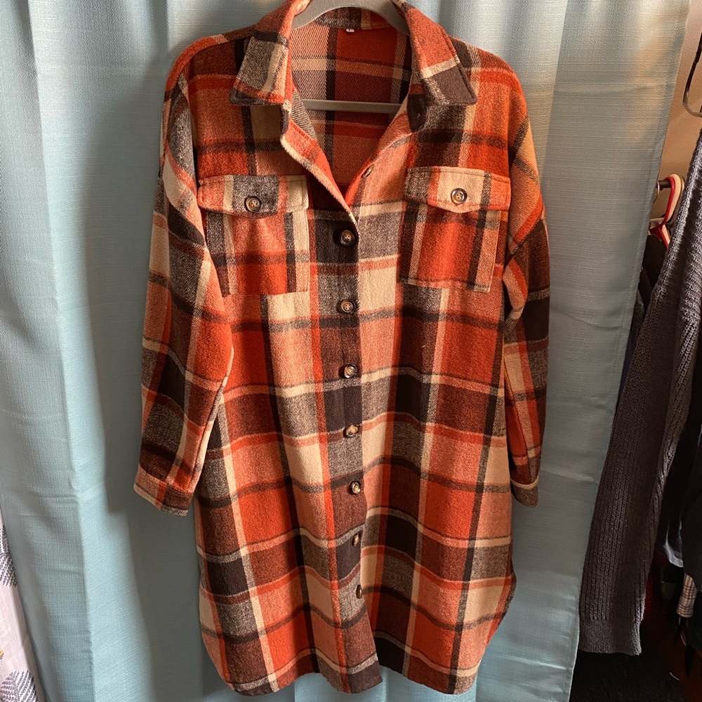Casual Lapel Button Down Long Plaid Shirt Coat Tartan Shacket Jacket
